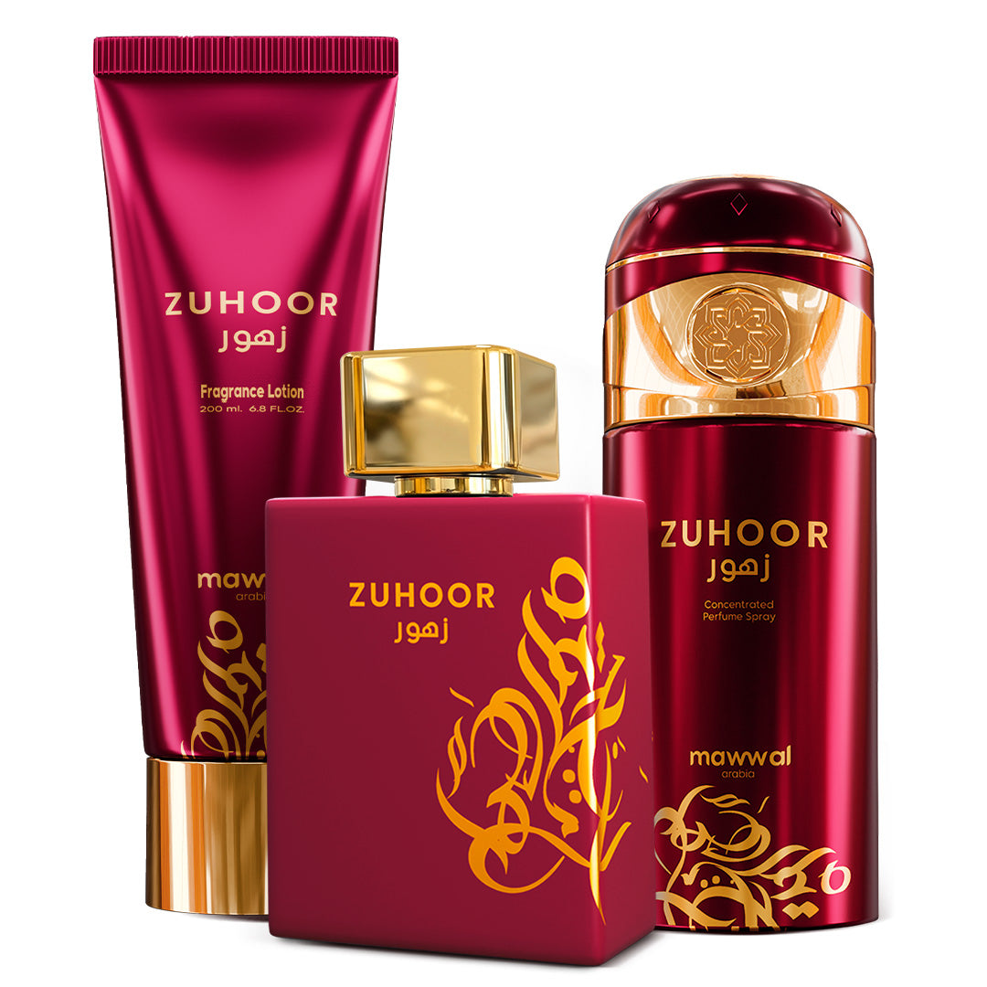 Kit Feminino Zuhoor Mawwal Arábia – Perfume, Hidratante Corporal e Spray