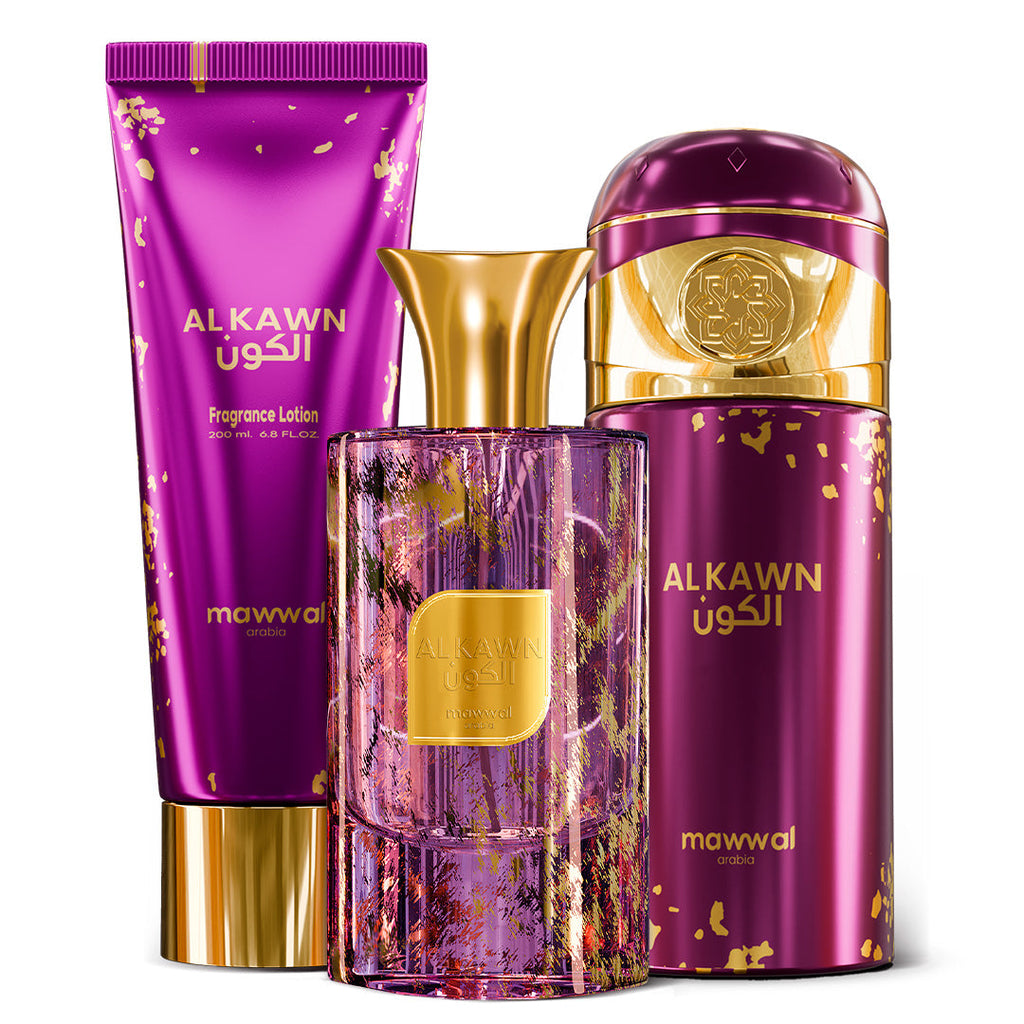 Kit Unissex Alkawn Mawwal Arábia – Perfume, Hidratante Corporal e Spray